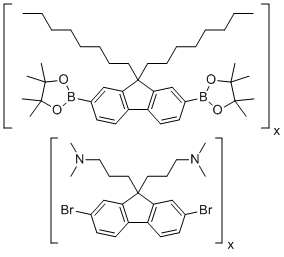 CAS # 673474-74-3, 2,7-Dibromo-N,N,N',N'-tetramethyl-9H-fluorene-9,9-dipropanamine polymer with 2,2'-(9,9-dioctyl-9H-fluorene-2,7-diyl)bis[4,4,5,5-tetramethyl-1,3,2-dioxaborolane], Poly[(9,9-bis(3 inverted exclamation marka-(N,N -dimethylamino)propyl)-2,7-fluorene)-alt- 2,7-(9,9-dioctylfluorene)]