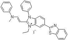 structure of CAS# 681281-88-9, 6-(2-苯并噻唑基)-1-乙基-2-[2-(甲基苯基氨基)乙烯基]-3-苯基-1H-苯并咪唑鎓碘化物