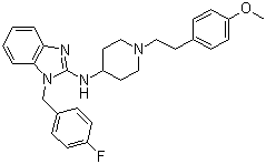 CAS # 68844-77-9, Astemizole, 1-(4-Fluorobenzyl)-2-(1-[4-methoxyphenethyl]piperidin-4-yl)aminobenzimidazole, 1-((4-Fluorophenyl)-methyl)-N-(1-(2-(4-methoxyphenyl)ethyl)-4-piperidinyl)-1H-benzimidazol-2-amine