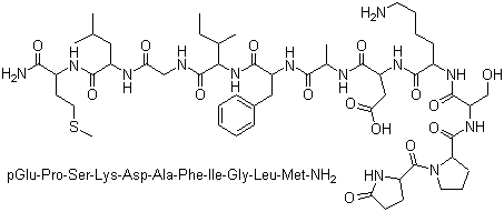 CAS # 69-25-0, Eledoisin, 5-Oxo-L-prolyl-L-prolyl-L-seryl-L-lysyl-L-aspartyl-L-alanyl-L-phenylalanyl-L-isoleucylglycyl-L-leucyl-L-methioninamide