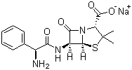 CAS 登录号：69-52-3, 氨苄西林钠, 氨苄青霉素钠, (2S,5R,6R)-3,3-二甲基-6-[(R)-2-氨基-2-苯乙酰氨基]-7-氧代-4-硫杂-1-氮杂双环[3.2.0]庚烷-2-甲酸钠盐