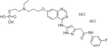 structure of CAS# 722543-50-2, 5-[[7-[3-[乙基[2-(磷酰氧基)乙基]氨基]丙氧基]-4-喹唑啉基]氨基]-N-(3-氟苯基)-1H-吡唑-3-乙酰胺二盐酸盐