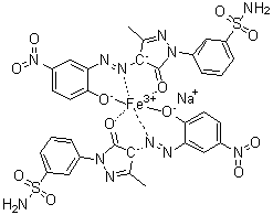 CAS 登录号：72496-87-8, 二[3-[4,5-二氢-4-[(2-羟基-5-硝基苯基)偶氮]-3-甲基-5-氧代-1H-吡唑-1-基]苯磺酰胺]铁酸钠盐