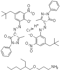 CAS # 72797-07-0, Bis[4-[[5-(2,2-dimethylpropyl)-2-hydroxy-3-nitrophenyl]azo]-2,4-dihydro-5-methyl-2-phenyl-3H-pyrazol-3-onato(2-)]chromate(1-) hydrogen compd. with 3-[(2-ethylhexyl)oxy]-1-propanamine (1:1)