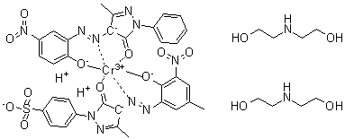 CAS # 73003-25-5, [4-[4,5-Dihydro-4-[(2-hydroxy-5-methyl-3-nitrophenyl)azo]-3-methyl-5-oxo-1H-pyrazol-1-yl]benzenesulfonato][2,4-dihydro-4-[(2-hydroxy-5-nitrophenyl)azo]-5-methyl-2-phenyl-3H-pyrazol-3-onato]dihydrogen chromate compd. with 2,2'-iminobis[ethanol] (1:2)