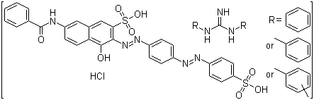CAS # 73507-36-5, 7-(Benzoylamino)-4-hydroxy-3-[2-[4-[2-(4-sulfophenyl)diazenyl]phenyl]diazenyl]-2-naphthalenesulfonic acid compds with N,N'-bis(mixed Ph and tolyl and xylyl)guanidine monohydrochloride
