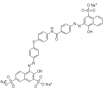 CAS 登录号：7354-85-0, 3-羟基-4-[2-[4-[[4-[[4-[2-(1-羟基-4-磺基-2-萘基)偶氮]苯甲酰基]氨基]苯基]硫基]苯基]偶氮]-2,7-萘二磺酸三钠盐