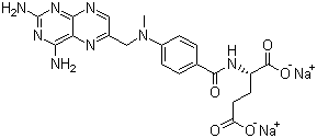 CAS # 7413-34-5, Sodium methotrexate, Methotrexate disodium salt, Disodium N-[4-[[(2,4-diamino-6-pteridinyl)methyl]methylamino]benzoyl]-L-glutamate