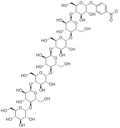 CAS # 74173-31-2, 4-Nitrophenyl-alpha-D-maltoheptaoside, (2R,3R,4S,5S,6R)-2-[(2R,3S,4R,5R,6R)-6-[(2R,3S,4R,5R,6R)-6-[(2R,3S,4R,5R,6R)-6-[(2R,3S,4R,5R,6R)-6-[(2R,3S,4R,5R,6R)-6-[(2R,3S,4R,5R,6R)-4,5-dihydroxy-2-(hydroxymethyl)-6-(4-nitrophenoxy)oxan-3-yl]oxy-4,5-dihydroxy-2-(hydroxymethyl)oxan-3-yl]oxy-4,5-dihydroxy-2-(hydroxymethyl)oxan-3-yl]oxy-4,5-dihydroxy-2-(hydroxymethyl)oxan-3-yl]oxy-4,5-dihydroxy-2-(hydroxymethyl)oxan-3-yl]oxy-4,5-dihydroxy-2-(hydroxymethyl)oxan-3-yl]oxy-6-(hydroxymethyl)oxane-3,4,5-triol