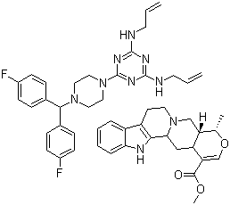 CAS # 76997-30-3, Almitrine-raubasine, Methyl 16,17-didehydro-19-methyloxayohimban-16-carboxylate 6-(4-(bis(4-fluorophenyl)methyl)-1-piperazinyl)-N,N'-di-2-propenyl-1,3,5-triazine-2,4-diamine