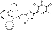 CAS 登录号：7791-71-1, 5'-O-三苯甲基胸苷, 1-((2R,4S,5R)-4-羟基-5-三苯甲氧基甲基-四氢呋喃-2-基)-5-甲基-1H-嘧啶-2,4-二酮
