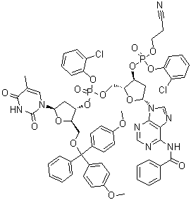 CAS # 78111-49-6, 5'-O-[Bis(4-methoxyphenyl)phenylmethyl]-P-(2-chlorophenyl)thymidylyl-(3'→5')-N-benzoyl-2'-deoxy-3'-adenylic acid 2-chlorophenyl 2-cyanoethyl ester
