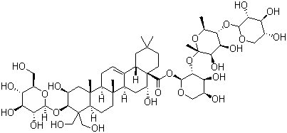 CAS # 78763-58-3, Desapioplatycodin D, Deapi-platycodin D, Deapioplatycodin D, (2beta,3beta,16alpha)-3-(beta-D-glucopyranosyloxy)-2,16,23,24-tetrahydroxyolean-12-en-28-oic acid O-beta-D-xylopyranosyl-(1-4)-O-6-deoxy-alpha-L-mannopyranosyl-(1-2)-alpha-L-arabinopyranosyl ester