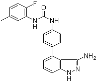 CAS 登录号：796967-16-3, Linifanib, N-[4-(3-氨基-1H-吲唑-4-基)苯基]-N'-(2-氟-5-甲基苯基)脲