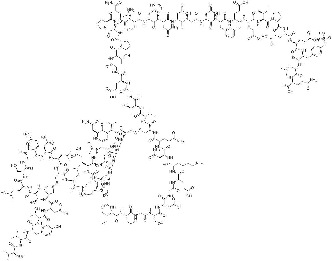 CAS # 8001-27-2, Exhirud, (2S)-5-amino-2-[[(2S)-2-[[(2S)-2-[[(2S)-2-[[(2S)-2-[[(2S)-1-[(2S,3S)-2-[[(2S)-2-[[(2S)-2-[[(2S)-2-[[(2S)-2-[[2-[[(2S)-2-[[(2S)-4-amino-2-[[(2S)-2-[[(2S)-2-[[(2S)-5-amino-2-[[(2S)-1-[(2S)-6-amino-2-[[(2S)-1-[(2S,3R)-2-[[2-[[(2S)-2-[[2-[[(2S,3R)-2-[[(2S)-2-[[(1R,6R,9S,12S,15S,18S,24S,27S,33S,36S,39R,44R,47S,53S,56S,59S,67S,73S,76S)-15,76-bis(4-aminobutyl)-44-[[(2S)-2-[[(4R,7S,10S,13S,19S,22S,25S,28R)-28-[[(2S)-2-[[(2S,3R)-2-[[(2S)-2-[[(2S)-2-[[(2S)-2-amino-3-methylbutanoyl]amino]-3-methylbutanoyl]amino]-3-(4-hydroxyphenyl)propanoyl]amino]-3-hydroxybutanoyl]amino]-3-carboxypropanoyl]amino]-10-(2-amino-2-oxoethyl)-13-(3-amino-3-oxopropyl)-22-(2-carboxyethyl)-25-[(1R)-1-hydroxyethyl]-19-(hydroxymethyl)-7-(2-methylpropyl)-6,9,12,15,18,21,24,27-octaoxo-1,2-dithia-5,8,11,14,17,20,23,26-octazacyclononacosane-4-carbonyl]amino]-4-methylpentanoyl]amino]-12,56,73-tris(2-amino-2-oxoethyl)-9,67-bis(3-amino-3-oxopropyl)-36-[(2S)-butan-2-yl]-18,47-bis(2-carboxyethyl)-24-(carboxymethyl)-27,53-bis(hydroxymethyl)-33-(2-methylpropyl)-8,11,14,17,20,23,26,29,32,35,38,45,48,51,54,57,60,62,65,68,71,74,77-tricosaoxo-59-propan-2-yl-3,4,41,42-tetrathia-7,10,13,16,19,22,25,28,31,34,37,46,49,52,55,58,61,63,66,69,72,75,78-tricosazabicyclo[37.22.17]octaheptacontane-6-carbonyl]amino]-3-methylbutanoyl]amino]-3-hydroxybutanoyl]amino]acetyl]amino]-4-carboxybutanoyl]amino]acetyl]amino]-3-hydroxybutanoyl]pyrrolidine-2-carbonyl]amino]hexanoyl]pyrrolidine-2-carbonyl]amino]-5-oxopentanoyl]amino]-3-hydroxypropanoyl]amino]-3-(1H-imidazol-5-yl)propanoyl]amino]-4-oxobutanoyl]amino]-3-carboxypropanoyl]amino]acetyl]amino]-3-carboxypropanoyl]amino]-3-phenylpropanoyl]amino]-4-carboxybutanoyl]amino]-4-carboxybutanoyl]amino]-3-methylpentanoyl]pyrrolidine-2-carbonyl]amino]-4-carboxybutanoyl]amino]-4-carboxybutanoyl]amino]-3-(4-sulfooxyphenyl)propanoyl]amino]-4-methylpentanoyl]amino]-5-oxopentanoic acid