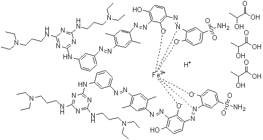CAS # 80410-35-1, 2-Hydroxypropanoic acid compd. with hydrogen [3-[[3-[[4-[[3-[[4,6-bis[[3-(diethylamino)propyl]amino]-1,3,5-triazin-2-yl]amino]phenyl]azo]-2,5-dimethylphenyl]azo]-2,4-dihydroxyphenyl]azo]-4-hydroxybenzenesulfonamidato(2-)][3-[[5-[[4-[[3-[[4,6-bis[[3-(diethylamino)propyl]amino]-1,3,5-triazin-2-yl]amino]phenyl]azo]-2,5-dimethylphenyl]azo]-2,4-dihydroxyphenyl]azo]-4-hydroxybenzenesulfonamidato(2-)]ferrate(1-) (3:1)