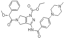 CAS # 827318-78-5, Ethyl 5-((2R)-2-methoxy-2-phenylethanoyl)-3-[[4-(4-methylpiperazin-1-yl)benzoyl]amino]-5,6-dihydropyrrolo[3,4-c]pyrazole-1(4H)-carboxylate