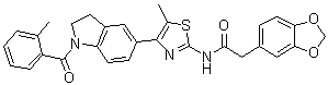 structure of CAS# 846557-71-9, N-[4-[2,3-二氢-1-(2-甲基苯甲酰)-1H-吲哚-5-基]-5-甲基-2-噻唑基]-1,3-苯并二恶茂-5-乙酰胺