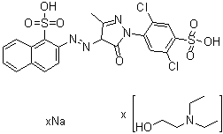 CAS # 84930-03-0, 2-[[1-(2,5-Dichloro-4-sulfophenyl)-4,5-dihydro-3-methyl-5-oxo-1H-pyrazol-4-yl]azo]-1-naphthalenesulfonic acid sodium salt compd. with 2-(diethylamino)ethanol