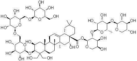 CAS # 849758-42-5, Deapioplatycoside E, Platycoside G1, (2beta,3beta,16alpha)-3-[(O-beta-D-Glucopyranosyl-(1&rarr;6)-O-beta-D-glucopyranosyl-(1&rarr;6)-beta-D-glucopyranosyl)oxy]-2,16,23,24-tetrahydroxy-olean-12-en-28-oic acid O-beta-D-xylopyranosyl-(1&rarr;4)-O-6-deoxy-alpha-L-mannopyranosyl-(1&rarr;2)-alpha-L-arabinopyranosyl ester