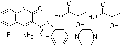 CAS # 852433-84-2, Dovitinib dilactic acid, TKI258 Dilactic acid, 2-Hydroxypropanoic acid compd. with 4-amino-5-fluoro-3-[6-(4-methyl-1-piperazinyl)-1H-benzimidazol-2-yl]-2(1H)-quinolinone