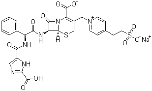 CAS 登录号：85287-61-2, 头孢咪唑钠, (6R,7R)-7-[[(2R)-2-[(2-羧基-3H-咪唑-4-甲酰)氨基]-2-苯基乙酰]氨基]-8-氧代-3-[[4-(2-磺酸基乙基)吡啶-1-鎓-1-基]甲基]-5-硫杂-1-氮杂双环[4.2.0]辛-2-烯-2-甲酸钠