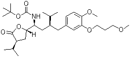 structure of CAS# 866030-35-5, [(1S,3S)-3-[[4-Methoxy-3-(3-methoxypropoxy)phenyl]methyl]-4-methyl-1-[(2S,4S)-tetrahydro-4-(1-methylethyl)-5-oxo-2-furanyl]pentyl]carbamic acid tert-butyl ester