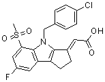 structure of CAS# 866215-99-8, (2E)-[4-[(4-Chlorophenyl)methyl]-7-fluoro-1,4-dihydro-5-(methylsulfonyl)cyclopent[b]indol-3(2H)-ylidene]acetic acid