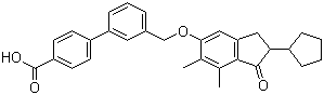 structure of CAS# 866823-73-6, 3'-[[(2-Cyclopentyl-6,7-dimethyl-1-oxo-2,3-dihydro-1H-inden-5-yl)oxy]methyl]biphenyl-4-carboxylic acid