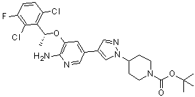 structure of CAS# 877399-51-4, 4-[4-[6-氨基-5-[[(R)-1-(2,6-二氯-3-氟苯基)乙基]氧基]吡啶-3-基]吡唑-1-基]哌啶-1-羧酸叔丁酯