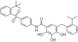 structure of CAS# 877877-35-5, N-[4-[(2-tert-Butylphenyl)sulfonyl]phenyl]-2,3,4-trihydroxy-5-[(2-isopropylphenyl)methyl]benzamide