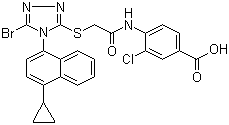 CAS # 878670-61-2, 4-[[2-[[5-Bromo-4-(4-cyclopropyl-1-naphthalenyl)-4H-1,2,4-triazol-3-yl]thio]acetyl]amino]-3-chlorobenzoic acid, 4-[[[[5-Bromo-4-(4-cyclopropyl-1-naphthalenyl)-4H-1,2,4-triazol-3-yl]thio]acetyl]amino]-3-chlorobenzoic acid
