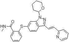 structure of CAS# 885126-35-2, N-甲基-2-[[3-[(1E)-2-(2-吡啶基)乙烯基]-1-(四氢-2H-吡喃-2-基)-1H-吲唑-6-基]硫基]苯甲酰胺