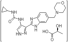 structure of CAS# 896466-76-5, (2S)-2-羟基丙酸和 N-环丙基-N'-[3-[6-(4-吗啉基甲基)-1H-苯并咪唑-2-基]-1H-吡唑-4-基]脲的化合物