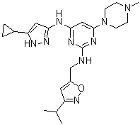 structure of CAS# 898280-07-4, N4-(5-环丙基-1H-吡唑-3-基)-N2-[[3-异丙基-5-异恶唑基]甲基]-6-(4-甲基-1-哌嗪基)-2,4-嘧啶二胺
