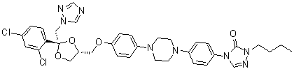 CAS # 89848-51-1, Itraconazole impurity F, cis-2-Butyl-4-[4-[4-[4-[[2-(2,4-dichlorophenyl)-2-(1H-1,2,4-triazol-1-ylmethyl)-1,3-dioxolan-4-yl]methoxy]phenyl]-1-piperazinyl]phenyl]-2,4-dihydro-3H-1,2,4-triazol-3-one