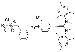structure of CAS# 900169-53-1, [1,3-Bis(2,4,6-trimethylphenyl)-2-imidazolidinylidene]bis(2-bromopyridine)dichloro(phenylmethylene)ruthenium