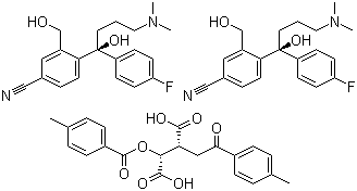 CAS # 912452-31-4, 4-[(1S)-(4-Dimethylamino)-1-(4-fluotophenyl)-1-hydroxybutyl]-3-(hydroxymethyl)benzonitrile (2R,3R)-2,3-bis[(4-methylbenzoyl)oxy]butanedioic acid, 4-[(1S)-(4-dimethylamino)-1-(4-fluotophenyl)-1-hydroxybutyl]-3-(hydroxymethyl)benzonitrile (2R,3R)-2,3-bis[(4-methylbenzoyl)oxy]butanedioic acid (2:1)