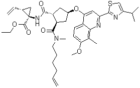 structure of CAS# 923604-56-2, (1R,2S)-2-乙烯基-1-[[[(1R,2R,4R)-2-[(5-己烯-1-基甲基氨基)羰基]-4-[[7-甲氧基-8-甲基-2-[4-异丙基-2-噻唑基]-4-喹啉基]氧基]环戊基]羰基]氨基]环丙烷羧酸乙酯