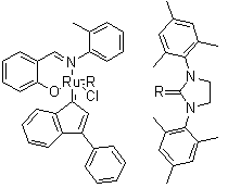 structure of CAS# 934538-12-2, [1,3-Bis(2,4,6-trimethylphenyl)-2-imidazolidinylidene]chloro[2-[[(2-methylphenyl)imino]methyl]phenolato](3-phenyl-1H-inden-1-ylidene)ruthenium