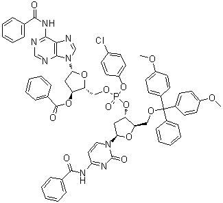 CAS # 93778-56-4, N-Benzoyl-5'-O-[bis(4-methoxyphenyl)phenylmethyl]-P-(4-chlorophenyl)-2'-deoxycytidylyl-(3'→5')-N-benzoyl-2'-deoxyadenosine 3'-benzoate