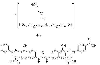 CAS 登录号：93840-48-3, 4-[[1-羟基-6-[[[[5-羟基-6-(苯基偶氮)-7-磺基-2-萘基]氨基]羰基]氨基]-3-磺基-2-萘基]偶氮]-苯甲酸钠盐三乙醇胺盐