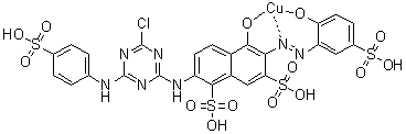 CAS 登录号：93858-40-3, [2-[[4-氯-6-[(4-磺基苯基)氨基]-1,3,5-三嗪-2-基]氨基]-5-羟基-6-[(2-羟基-5-磺基苯基)偶氮]-1,7-萘二磺酸基]四氢铜酸