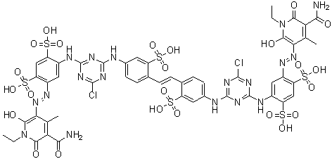 CAS 登录号：93942-67-7, 4,4'-[1,2-乙烯二基二[(3-磺基-4,1-亚苯基)亚氨基(6-氯-1,3,5-三嗪-4,2-二基)亚氨基]]二[6-[[5-(氨基羰基)-1-乙基-1,6-二氢-2-羟基-4-甲基-6-氧代-3-吡啶基]偶氮]-1,3-苯二磺酸