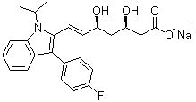 CAS 登录号：93957-55-2, 氟伐他汀钠, [R*,S*-(E)]-(+/-)-7-[3-(4-氟苯基)-1-(1-甲基乙基)-1-氢-吲哚-2-基]-3,5-二羟基庚-6-烯酸钠