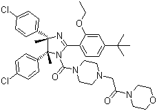structure of CAS# 939983-14-9, rel-2-[4-[[(4R,5S)-4,5-双(4-氯苯基)-2-[4-(1,1-二甲基乙基)-2-乙氧基苯基]-4,5-二氢-4,5-二甲基-1H-咪唑-1-基]羰基]-1-哌嗪基]-1-(4-吗啉基)乙酮