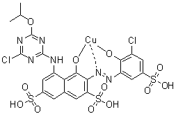 CAS 登录号：94276-46-7, 3-[(3-氯-2-羟基-5-磺基苯基)偶氮]-5-[[4-氯-6-(1-甲基乙氧基)-1,3,5-三嗪-2-基]氨基]-4-羟基-2,7-萘二磺酸铜络合物