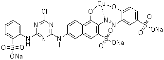 CAS 登录号：94276-75-2, [7-[[4-氯-6-[(2-磺基苯基)氨基]-1,3,5-三嗪-2-基]甲基氨基]-4-羟基-3-[(2-羟基-5-磺基苯基)偶氮]-2-萘磺酸基]铜酸三钠盐