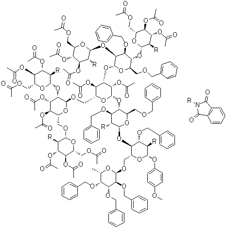 CAS 登录号：946164-27-8, 4-甲氧基苯基 O-3,4,6-三-O-乙酰基-2-脱氧-2-(1,3-二氢-1,3-二氧代-2H-异吲哚-2-基)-beta-D-吡喃葡萄糖基-(1→2)-O-[3,4,6-三-O-乙酰基-2-脱氧-2-(1,3-二氢-1,3-二氧代-2H-异吲哚-2-基)-beta-D-吡喃葡萄糖基-(1→4)]-O-3,6-二-O-(苯基甲基)-alpha-D-甘露糖基-(1→3)-O-[O-3,4,6-三-O-乙酰基-2-脱氧-2-(1,3-二氢-1,3-二氧代-2H-异吲哚-2-基)-beta-D-吡喃葡萄糖基-(1→2)-O-[3,4,6-三-O-乙酰基-2-脱氧-2-(1,3-二氢-1,3-二氧代-2H-异吲哚-2-基)-beta-D-吡喃葡萄糖基-(1→6)]-3,4-二-O-乙酰基-alpha-D-甘露糖基-(1→6)]-O-2,4-二-O-乙酰基-beta-D-甘露糖基-(1→4)-O-2-脱氧-2-(1,3-二氢-1,3-二氧代-2H-异吲哚-2-基)-3,6-二-O-(苯基甲基)-beta-D-吡喃葡萄糖基-(1→4)-O-[6-脱氧-2,3,4-三-O-(苯基甲基)-alpha-L-吡喃半乳糖基-(1→6)]-2-脱氧-2-(1,3-二氢-1,3-二氧代-2H-异吲哚-2-基)-3-O-(苯基甲基)-beta-D-吡喃葡萄糖苷