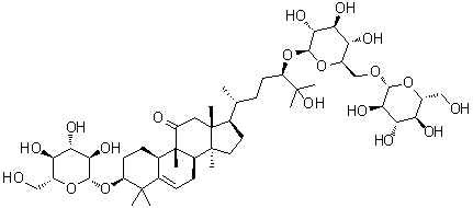 CAS # 952481-53-7, 11-Oxomogroside III, (3beta,9beta,10alpha,24R)-24-[(6-O-beta-D-Glucopyranosyl-beta-D-glucopyranosyl)oxy]-3-(beta-D-glucopyranosyloxy)-25-hydroxy-9-methyl-19-norlanost-5-en-11-one
